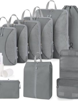 Compression Packing Cubes 10 Sets, Packing Organizers, Extensible Suitcase Organiser Bags, Travel Organizer Cubes for Travel Essentials Grey