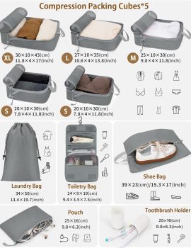 Compression Packing Cubes 10 Sets, Packing Organizers, Extensible Suitcase Organiser Bags, Travel Organizer Cubes for Travel Essentials Grey