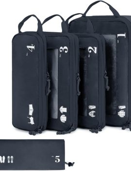 ECOHUB 5 Set Compression Packing Cubes for Suitcases Organiser Bags Set Travel Essentials with Shoe Bags for Travel Tear-resistant Travel Accessories with ID Tag Expandable Packing Bags(Navy Blue)