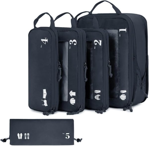 ECOHUB 5 Set Compression Packing Cubes for Suitcases Organiser Bags Set Travel Essentials with Shoe Bags for Travel Tear-resistant Travel Accessories with ID Tag Expandable Packing Bags(Navy Blue)