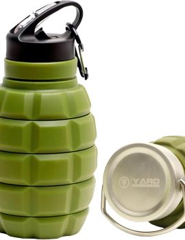YARO Collapsible Water Bottles, 20oz Water Bottle with 2 Lids and Carabiner, Green Travel Water Bottle, Silicone Water Bottle BPA-Free, Slim Water Bottle, Hiking Water Bottle, Foldable Water Bottle