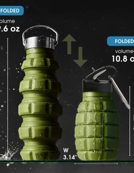 YARO Collapsible Water Bottles, 20oz Water Bottle with 2 Lids and Carabiner, Green Travel Water Bottle, Silicone Water Bottle BPA-Free, Slim Water Bottle, Hiking Water Bottle, Foldable Water Bottle