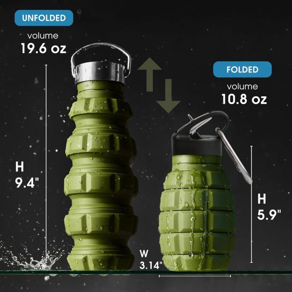 YARO Collapsible Water Bottles, 20oz Water Bottle with 2 Lids and Carabiner, Green Travel Water Bottle, Silicone Water Bottle BPA-Free, Slim Water Bottle, Hiking Water Bottle, Foldable Water Bottle - Image 2