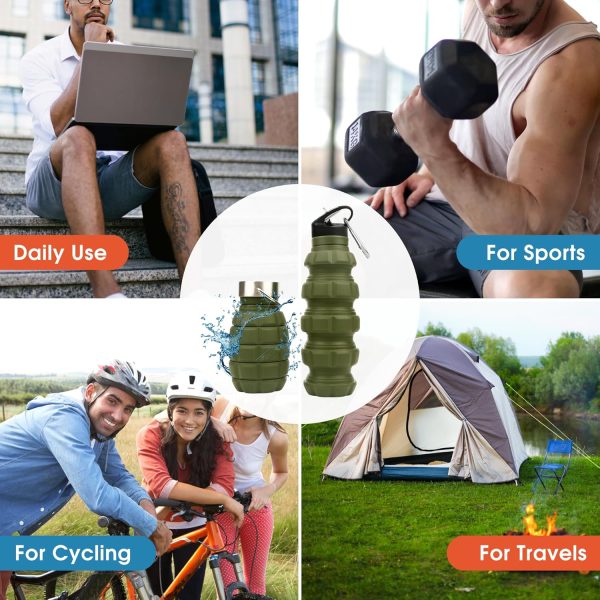 YARO Collapsible Water Bottles, 20oz Water Bottle with 2 Lids and Carabiner, Green Travel Water Bottle, Silicone Water Bottle BPA-Free, Slim Water Bottle, Hiking Water Bottle, Foldable Water Bottle - Image 6
