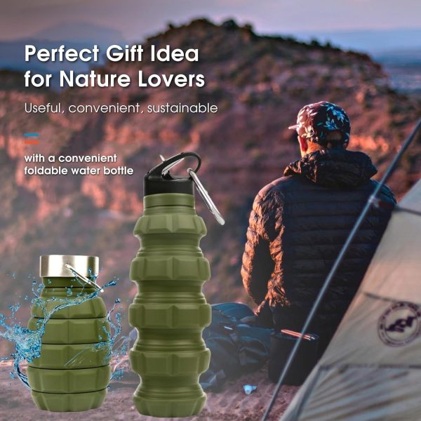 YARO Collapsible Water Bottles, 20oz Water Bottle with 2 Lids and Carabiner, Green Travel Water Bottle, Silicone Water Bottle BPA-Free, Slim Water Bottle, Hiking Water Bottle, Foldable Water Bottle - Image 7