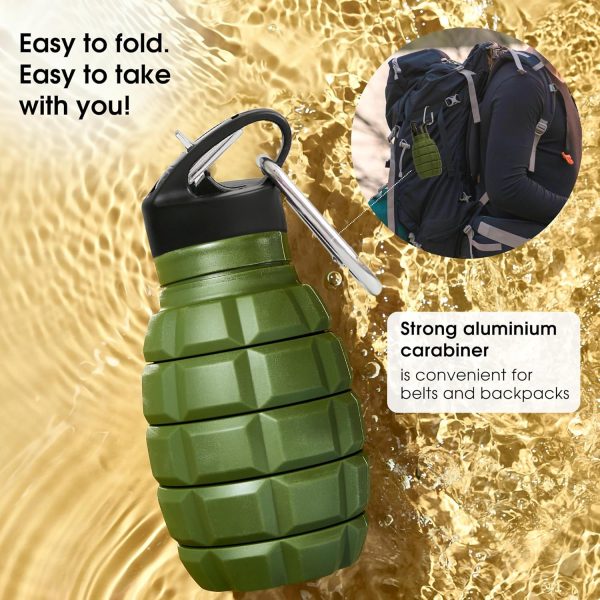 YARO Collapsible Water Bottles, 20oz Water Bottle with 2 Lids and Carabiner, Green Travel Water Bottle, Silicone Water Bottle BPA-Free, Slim Water Bottle, Hiking Water Bottle, Foldable Water Bottle - Image 9