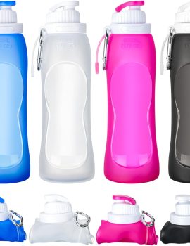 Zopeal 4 Pieces Collapsible Water Bottles Roll up Folding Silicone Foldable Leak Proof Water Bottles for Sports Traveling Riding Camping Hiking Backpack